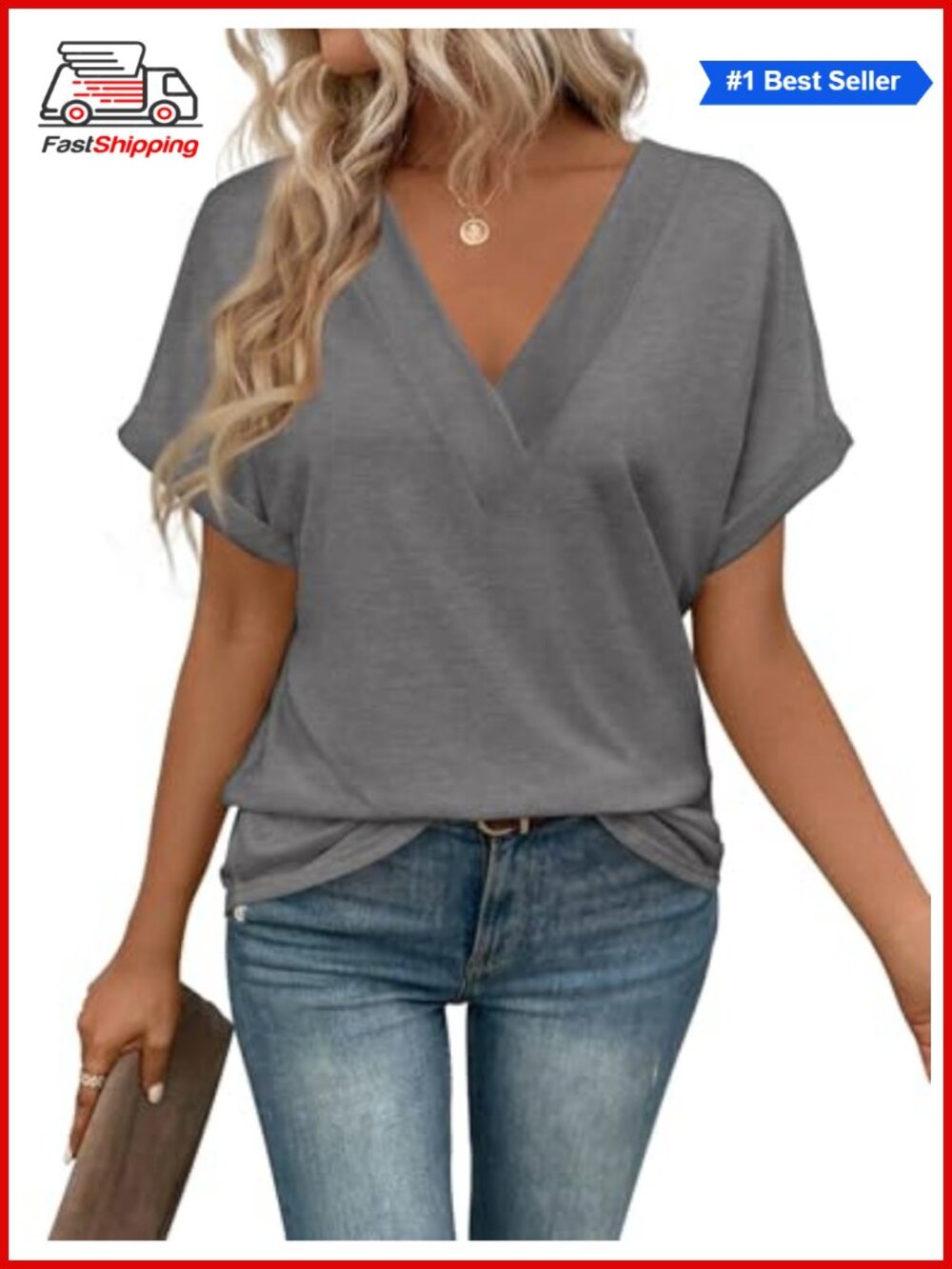 Womens V Neck Short Sleeve T Shirt Loose Fit Casual Summer Beach Top